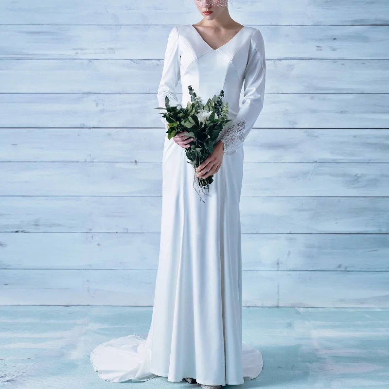 Great Prices On Feminine Styles Long Sleeve Fit and Flare Wedding Dress with Sheer Back