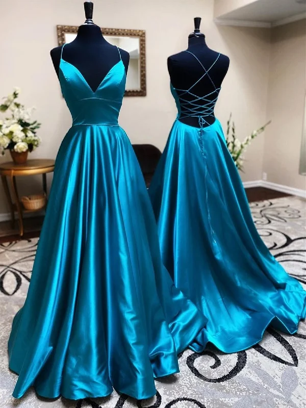 Seasonal Fashion A Line V Neck Backless Teal Satin Long Prom Dresses, Open Back V Neck Blue Formal Graduation Evening Dresses