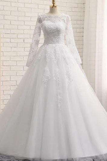 Spring Fashion A-Line Long Jewel Long Sleeve Appliques Chapel Train Zipper Lace-Up Back Tulle Lace Sequins Dress