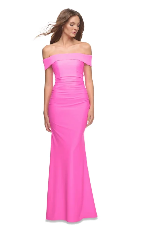 Casual Chic 2 - la femme hot pink off the shoulder stretch satin gown