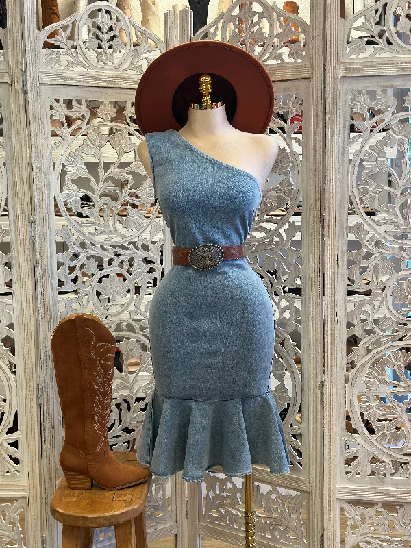 Women's Formal Event Clothing Denim One Shoulder Flared Ruffle Dress- Stretchy
