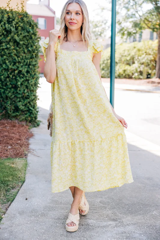 Evening Elegance Easy To See Kiwi Yellow Floral Midi Dress