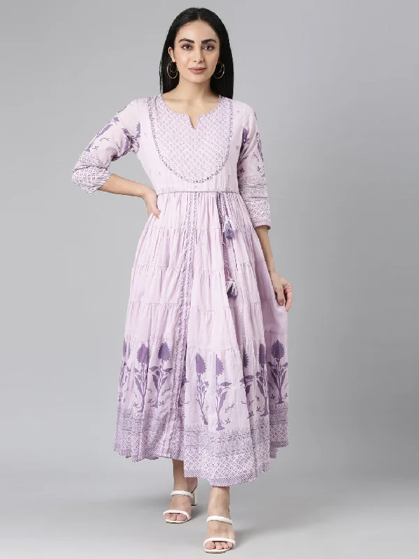 Spring Wardrobe Neerus Purple Flared Casual Floral Maxi Dresses