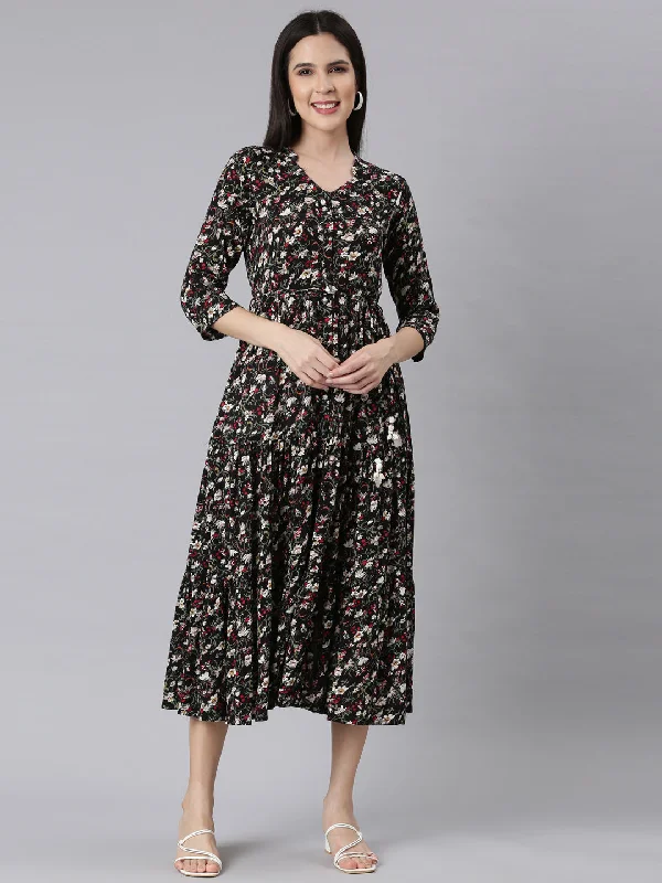 Buy More, Save More Neerus Black Curved Casual Floral Maxi Dresses