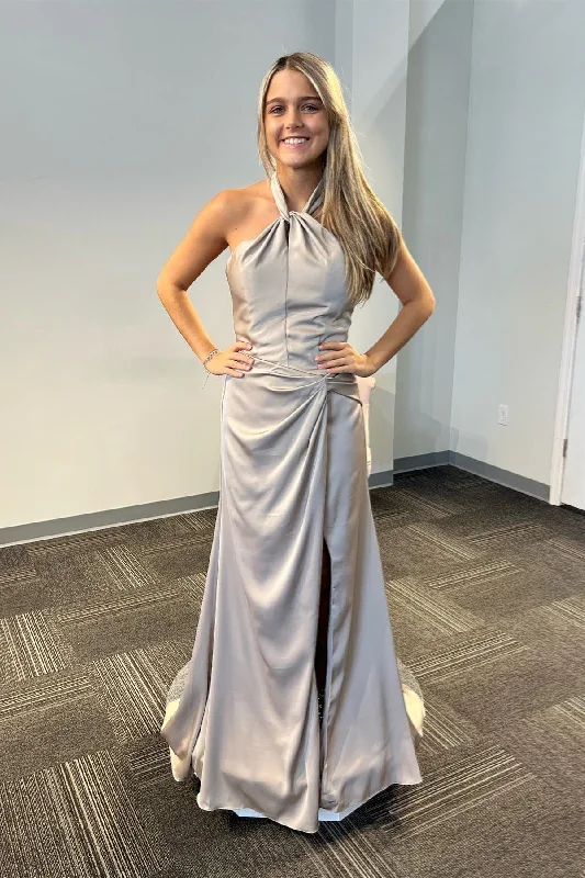 Beat The Heat In Tropical Styles Grey Satin Halter Mermaid Long Prom Dress with Slit