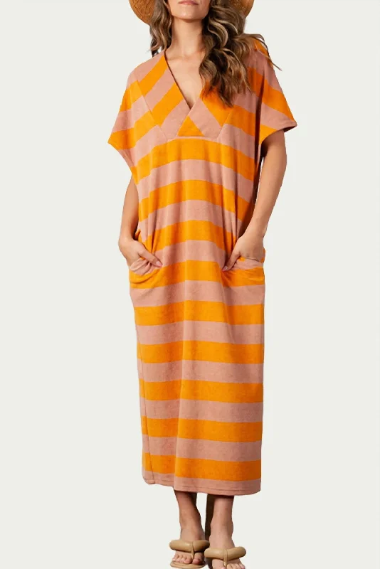 Fashion Deal Striped Cotton-Terry Maxi Dress In Orange Taupe Stripe