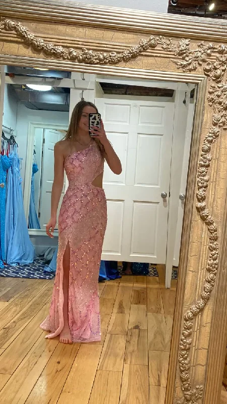 Style Upgrade Chic One Shoulder Pink Sequins Evening Dress ,Sparkly Pink Evening Gown Y1633