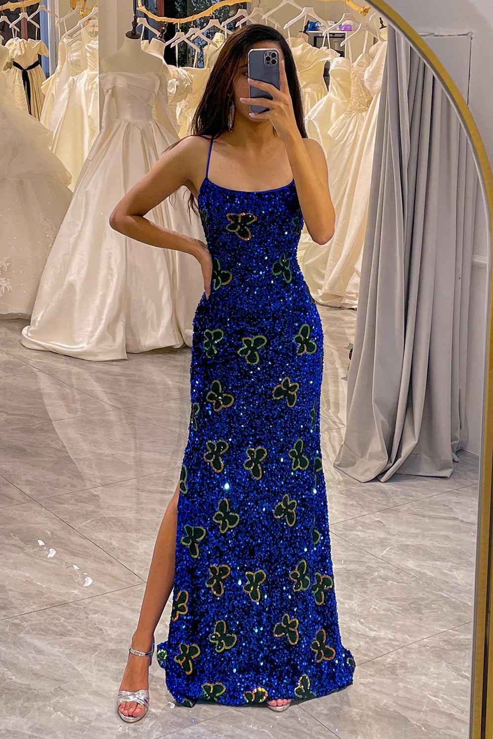 Beat The Heat In Tropical Styles Amzcw Sparkly Royal Blue Mermaid Spaghetti Straps Sequin Prom Dress With Slit prom dresses with long sleeves