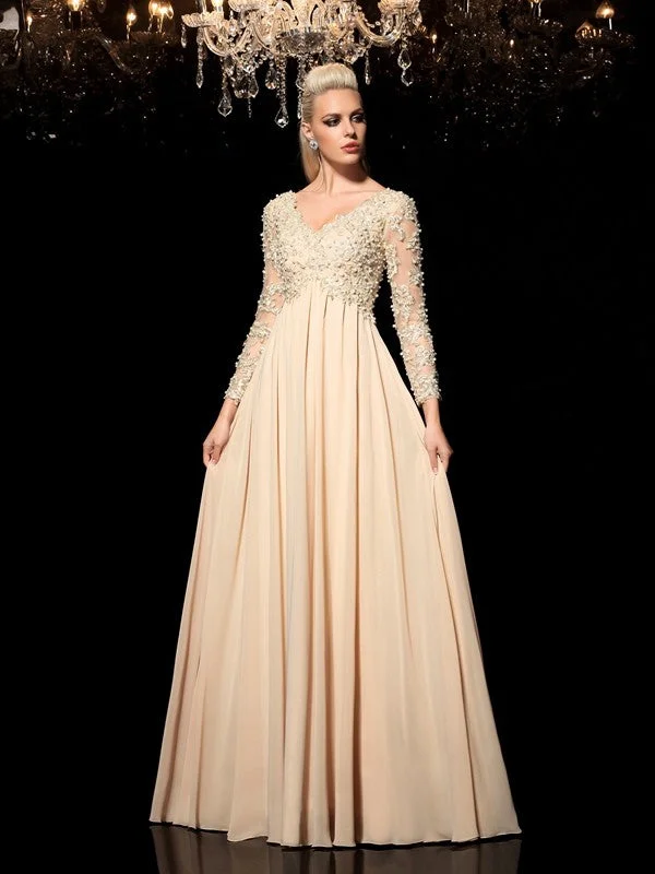 Mid - Week Surprise A-Line/Princess V-neck Applique Long Sleeves Long Chiffon Dresses