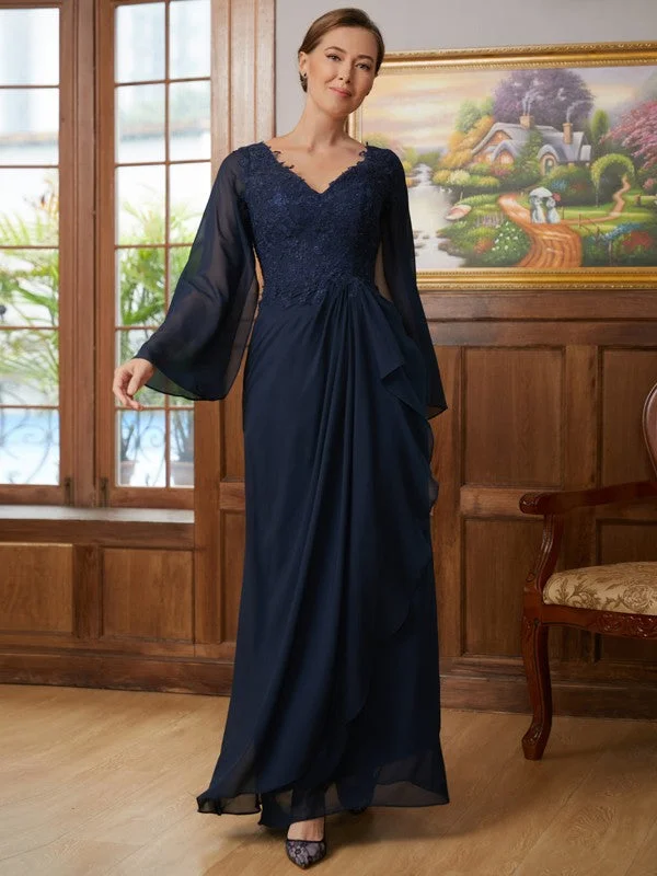 Anniversary Sale A-Line/Princess Chiffon Applique V-neck Long Sleeves Floor-Length Mother of the Bride Dresses