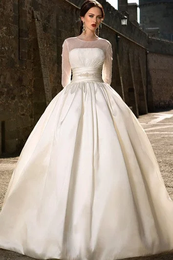 Special Occasion Wear Ball Gown Long Jewel-Neck Illusion-Sleeve Illusion Satin Dress With Ruching And Beading