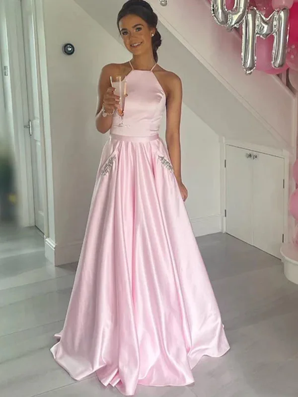 Chic Outfits A Line Backless Pink Satin Long Prom Dresses with Pocket, Long Pink Formal Graduation Evening Dresses SP2420