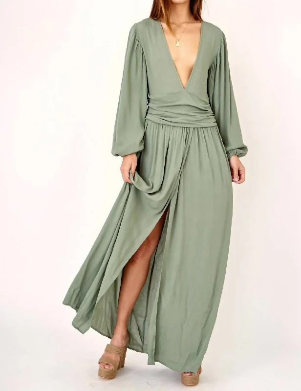 Huge Savings On Parisian Styles Plunge Neck Maxi Dress In Sage