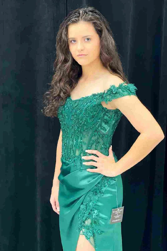 Buy More, Save More Green Mermaid Off-Shoulder Applique Pleated Satin Long Prom Dress with Slit