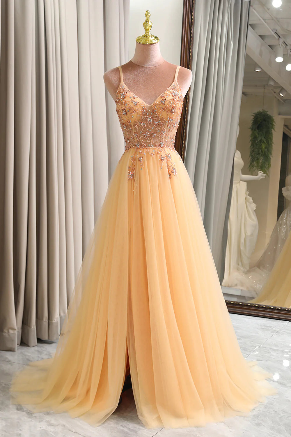 Summer Splash Sale Amzcw Charming A Line Spaghetti Straps Golden Long Prom Dress with Beading prom dresses with long sleeves