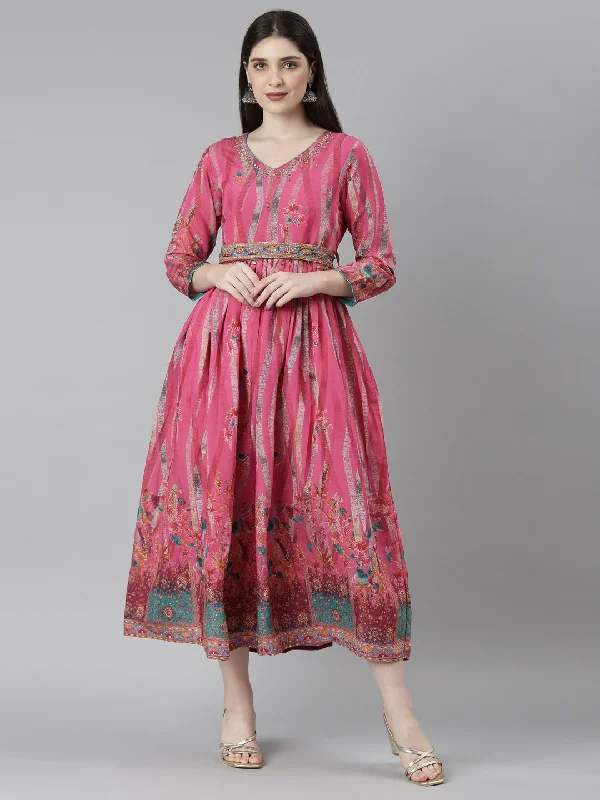 Fashion For Every Occasion Neeru's Pink Flared Casual Floral Dresses