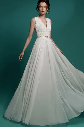 Fashion Sale A-Line Floor-Length V-Neck Sleeveless Illusion Chiffon Dress With Beading And Lace Appliques