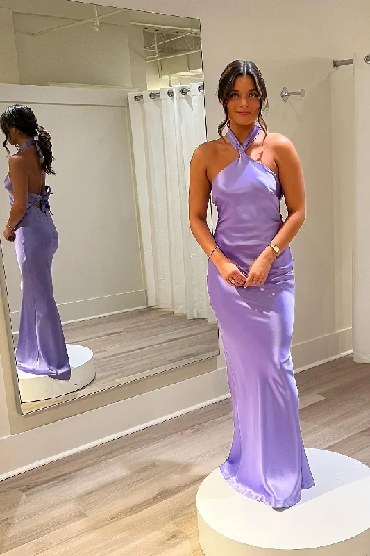 Hot Styles Halter Lavender Soft Satin Fitted Dress