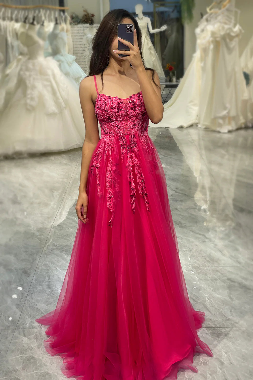 Clearance Event Amzcw A Line Fuchsia Spaghetti Straps Tulle Long Prom Dress With Appliques prom dresses with long sleeves