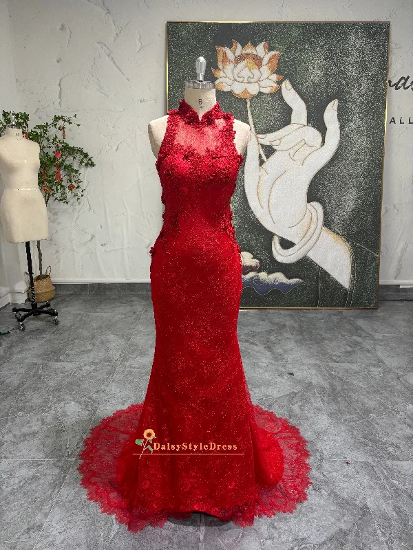 Stylish Savings Vintage Mermaid Red Lace Wedding Dress