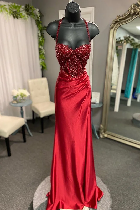 Wardrobe Update Red Straps Appliques Mermaid Satin Long Prom Dress