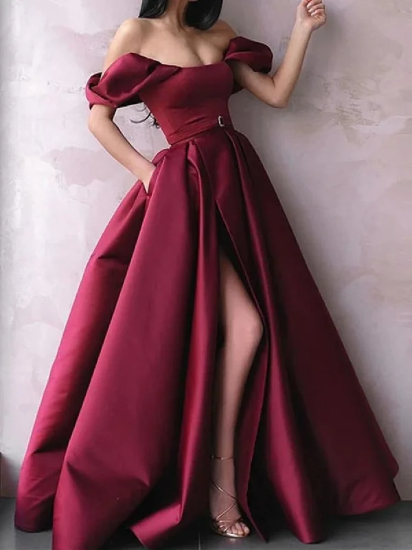 Celebrate With Big Savings Off Shoulder Burgundy Satin Long Prom Dresses with High Slit, Burgundy Formal Graduation Evening Dresses, Wine Red Ball Gown