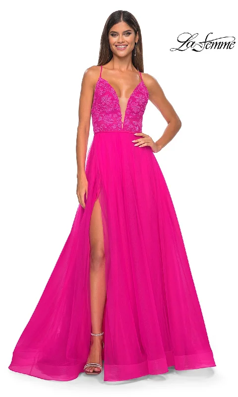 Lighten Up With Nordic Styles La Femme Deep V-Neck Long Tulle Prom Gown 32059