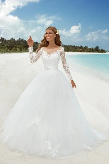 Fashion For Every Occasion Ball Gown Floor-Length Bateau-Neck T-Shirt-Sleeve Illusion Tulle Dress With Beading And Appliques