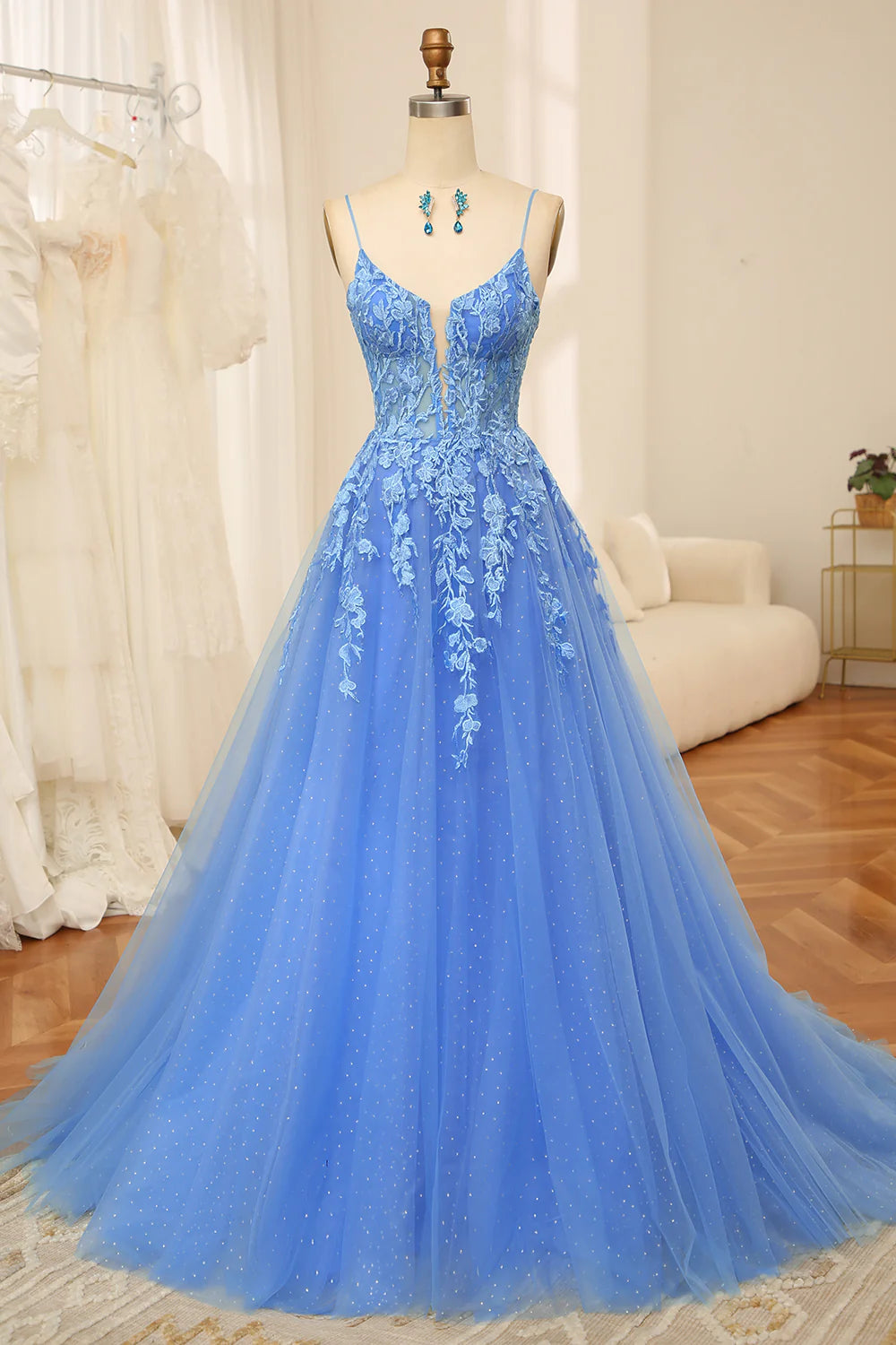 Feminine Soft - Hued Styles Amzcw Blue A Line Spaghetti Straps Tulle Long Prom Dress With Beaded Appliques prom dresses with long sleeves