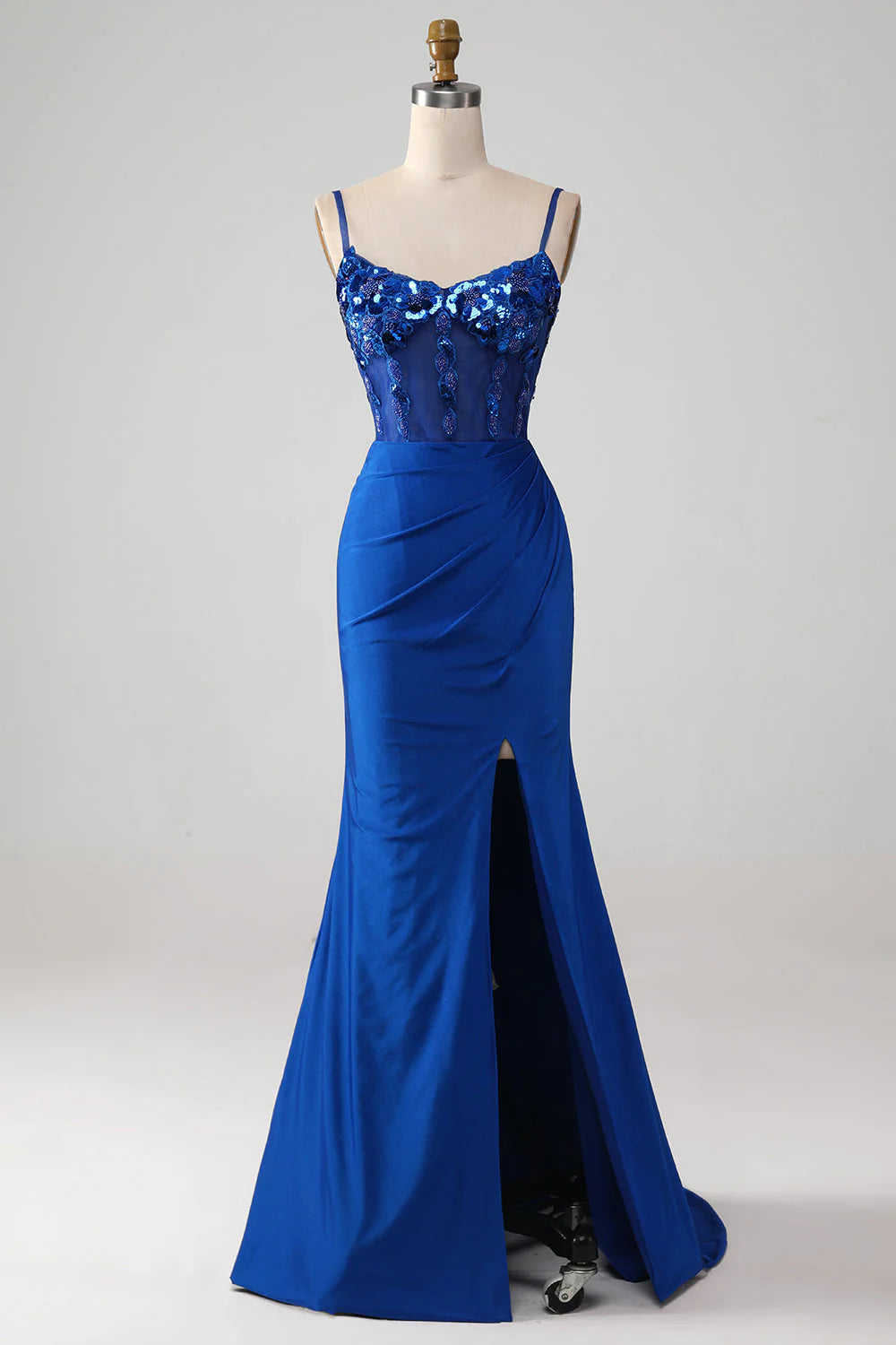 Limited Time Deal Amzcw Royal Blue Mermaid Spaghetti Straps Beaded Corset Prom Dress with Slit prom dresses with long sleeves