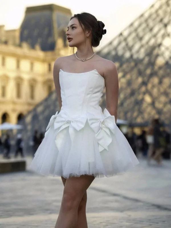 Stylish Looks Strapless White Satin Short Prom Dresses, White Homecoming Dresses, Short Formal Evening Dresses SP2984