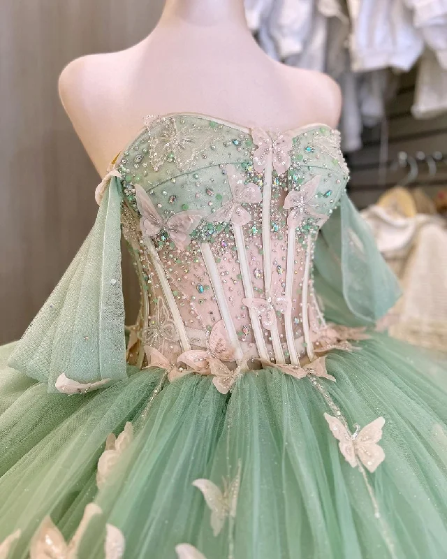 Latest Trends Stunning Green Tulle Princess Dress With Butterflies,Ball Gown,Sweet 15 Dress  Y5462