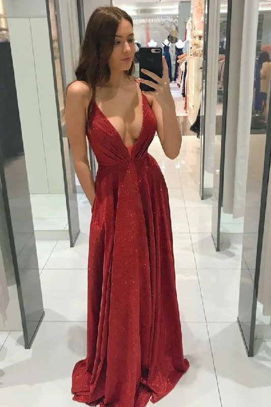 Feminine Soft - Hued Styles Red Spaghetti Straps V-neck Long Prom Dress, Shiny A Line Party Gown Y6163