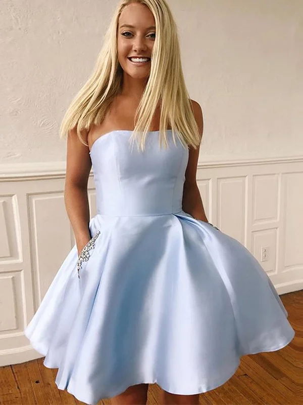 Seasonal Trends Cute Blue Satin Short Prom Homecoming Dresses with Pocket, Short Blue Formal Graduation Evening Dresses SP2086