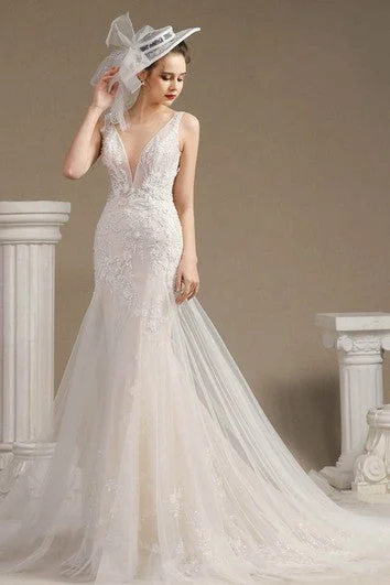 Fashion For Every Occasion Illusion Plunging Mermaid Sleeveless Lace Open Back Wedding Dress With Appliques And Chapel Train