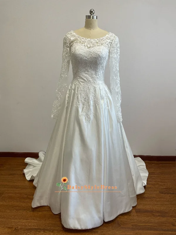 Budget-Friendly Fashion Long Sleeve Lace Ivory Satin Wedding Dress