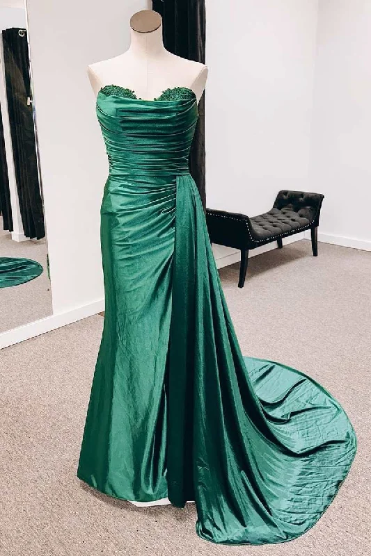 Huge Savings On Parisian Styles Green Satin Strapless Long Formal Dress with Attached Train