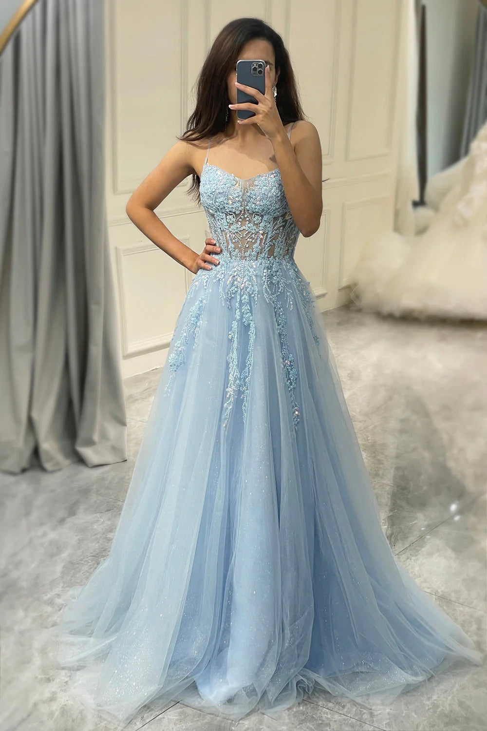 Feminine Soft - Hued Styles Amzcw Light Blue A Line Tulle Long Prom Dress With Appliques prom dresses with long sleeves