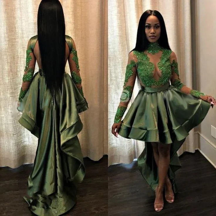 Discounts On Casual Weekend Styles New Arrival A Line Green Backless Long Sleeves High Low Short See Through Prom Dress With Appliques    S935