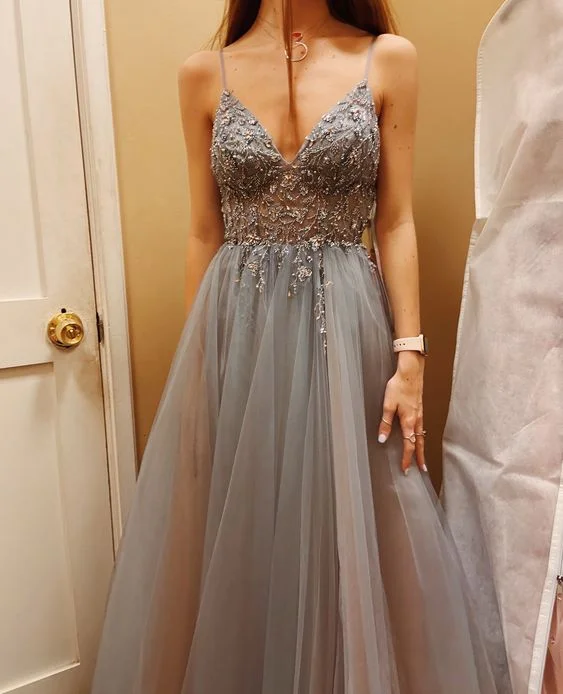 Trend Alert Gray Prom Dresses, 2023 Prom Dresses, Beaded Long Sleeve Prom Dresses     S1454