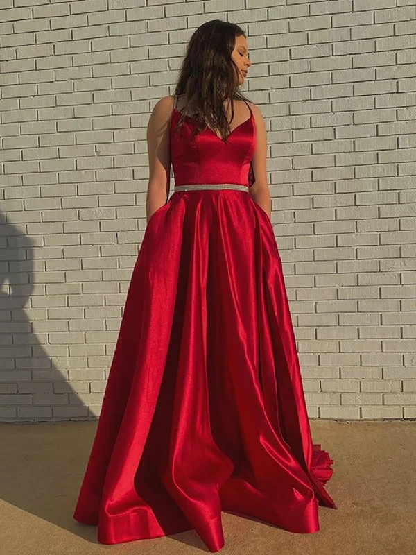 Update With Cottagecore Styles A Line V Neck Red Satin Long Prom Dresses with Belt, V Neck Red Formal Dresses, Red Evening Dresses