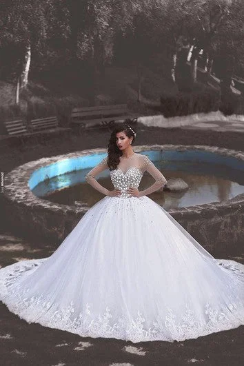 Fashion For Every Occasion Newest Crystals Tulle Lace Illusion Wedding Dress Long Sleeve Ball Gown