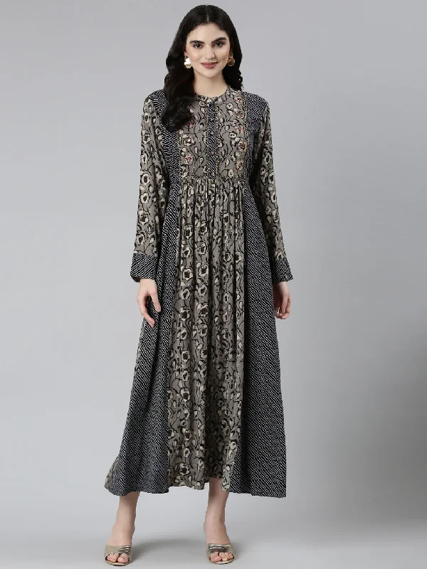 Evening Looks Neeru's Grey Straight Casual Floral Dresses