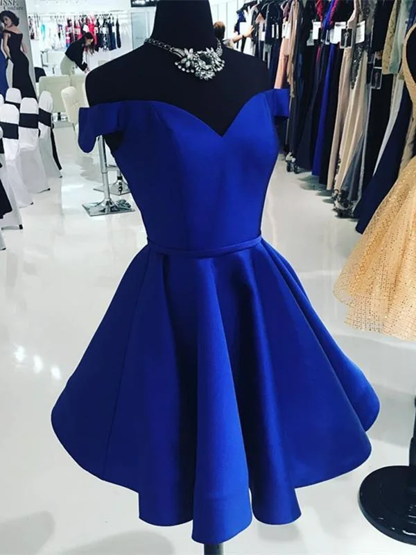 Clearance Event Off Shoulder Blue Satin Short Prom Dresses, Short Blue Homecoming Dresses, Blue Formal Evening Dresses SP2412