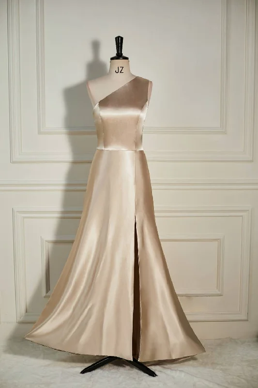 Lighten Up With Nordic Styles Champagne One Shoulder A-line Satin Long Dress with Slit