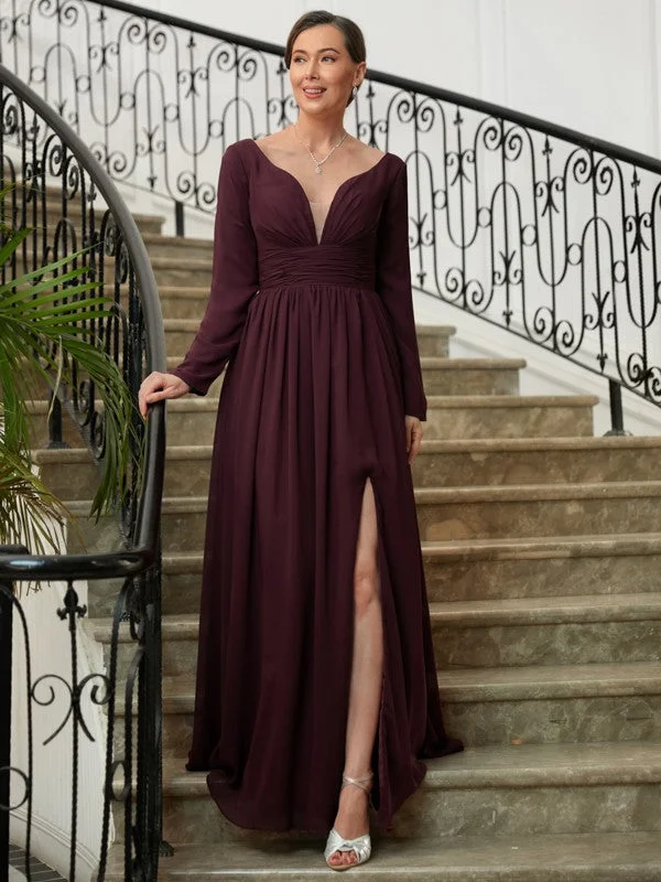 Update With Cottagecore Styles A-Line/Princess Chiffon Ruched V-neck Long Sleeves Floor-Length Mother of the Bride Dresses