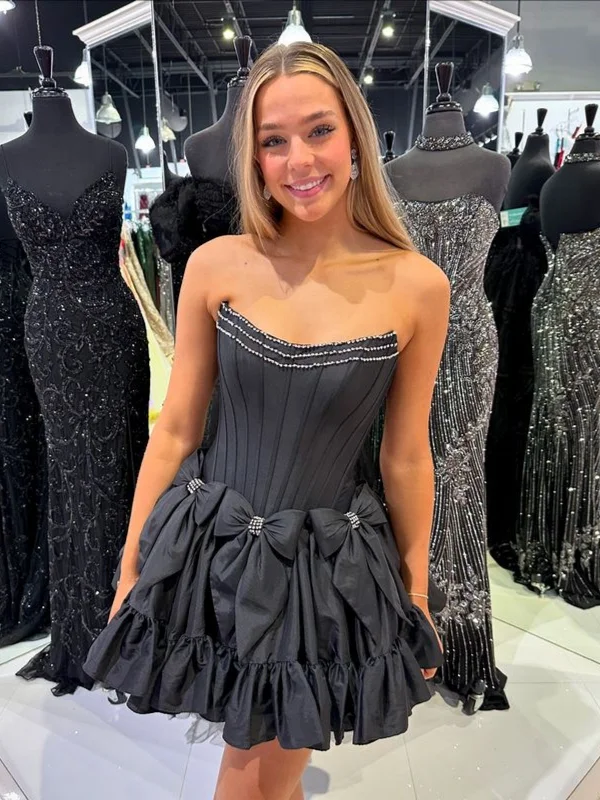 Unbeatable Prices Strapless Layered Black Satin Short Prom Dresses with Beadings, Short Black Homecoming Dresses SP3038