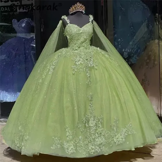 Chic Styles Green Quinceanera Dresses With Cape 3D Flowers Sweet 15 Birthday Ball Gown Y6065