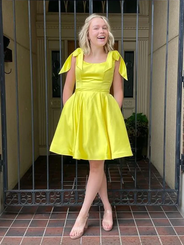 Best-Sellers Yellow Satin Short Prom Dresses with Pocket, Short Yellow Homecoming Dresses, Yellow Formal Evening Dresses SP2470