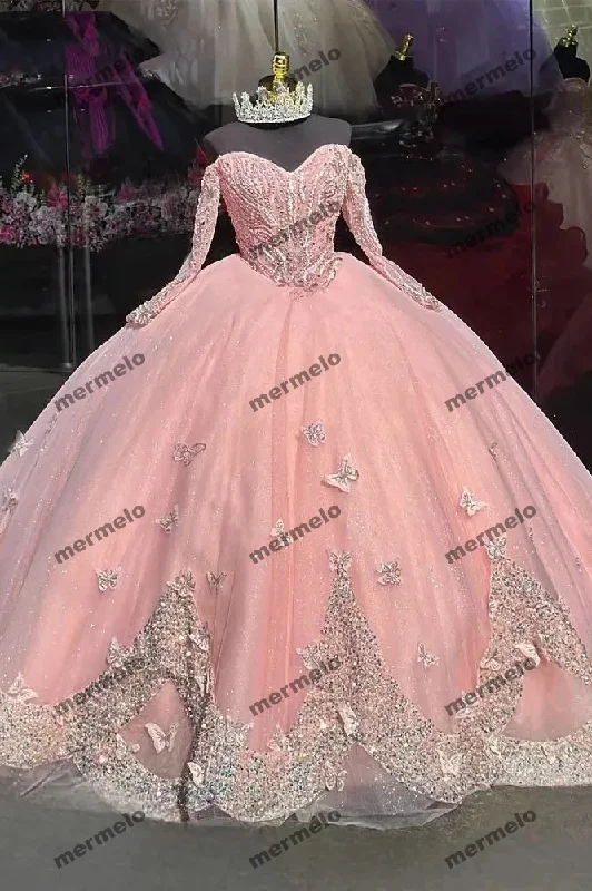 Style Upgrade Glittering Pink Quinceanera Dresses Off-Shoulder Long Sleeves Butterfly Appliques Princess Birthday Party Vestidos